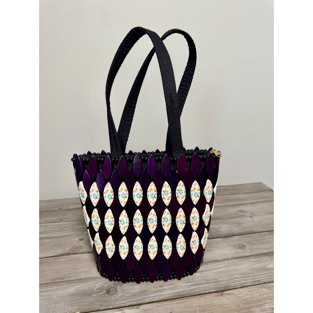 Handcrafted Purple Wood Petal Floral Beaded Tote Bag Boho Cottagecore Bag - Picture 13 of 13